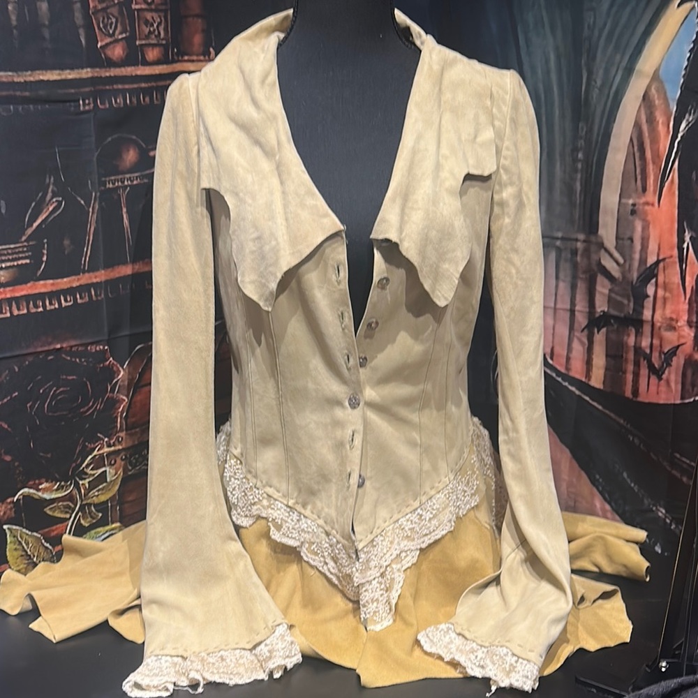 RARE Free People Vintage Beige Lace-Trimmed Suede Leather Lace Jacket